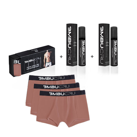 TAN TRUNKS x 3 + MAN-PARTS & BODY SPRAY x 2 BMBU CRU BmbuCru GIFT SET