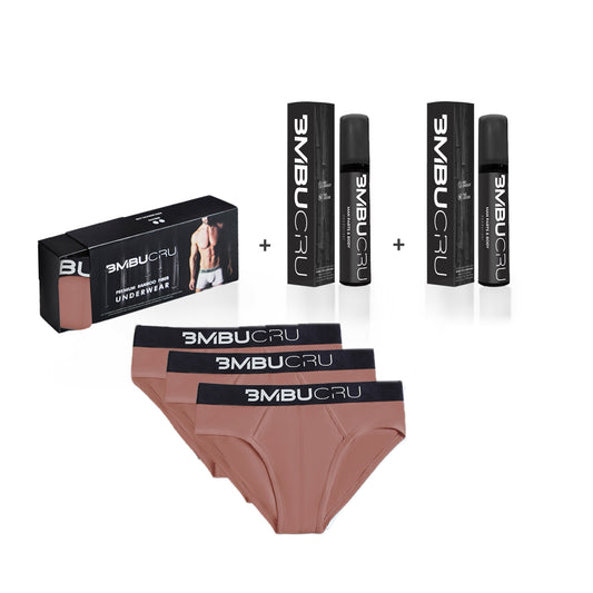 TAN BRIEFS x 3 + MAN-PARTS & BODY SPRAY x 2 BMBU CRU BmbuCru GIFT SET